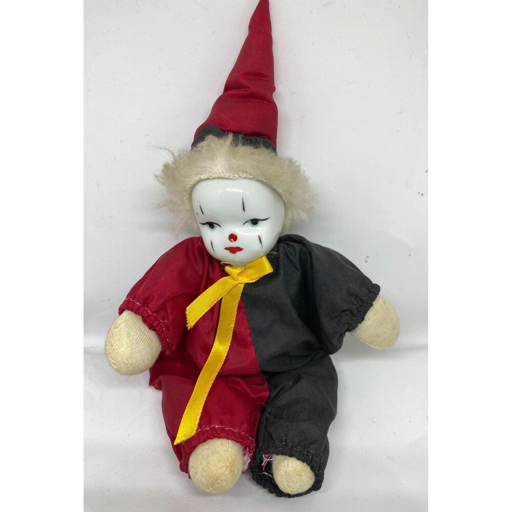 Vintage Clown Porcelain Head Doll Red and Black